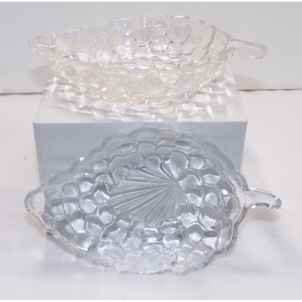 2 Vintage Clear Glass Bubble Grape Cluster Leaf Relish/Candy/Nut Dish